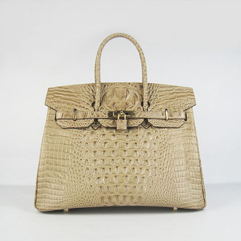Hermes Birkin 35Cm Crocodile Head Stripe Handbags Apricot Gold